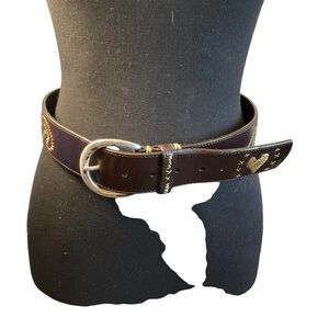 Brighton Brown Leather Belt Embroidered Heart & Paisley Stitching M/L 32